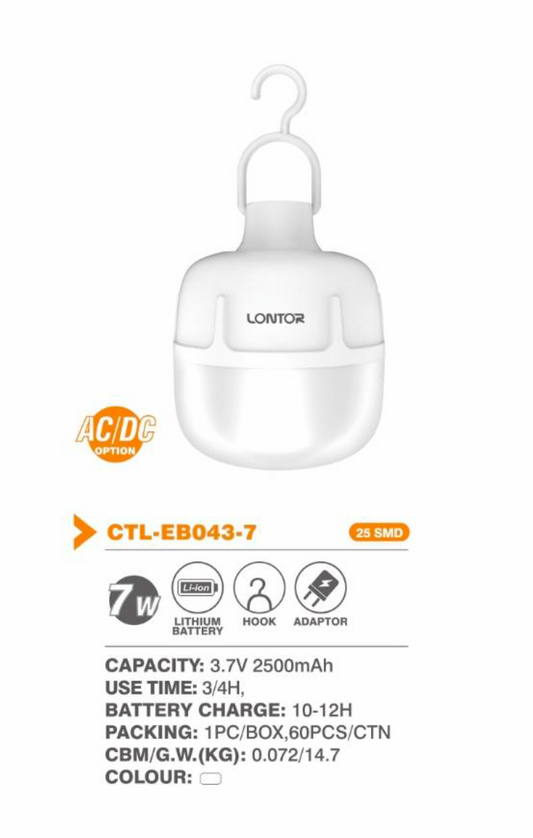 7W Rechargeable Hook LED Emergency Lightbulb - Lontor